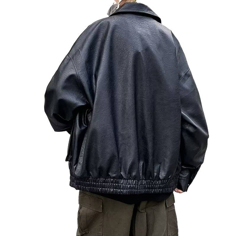 Herr Boxy Överskjorta i Läder Look med Skjorta Krage och Patch Breast Fickor