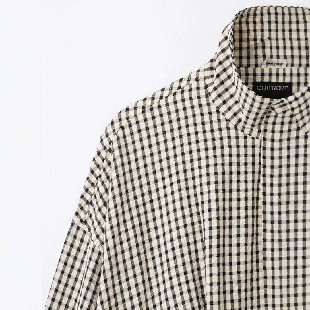 Dam Check Kort Oversize Jacka med Funnel Krage och Tulip Shape