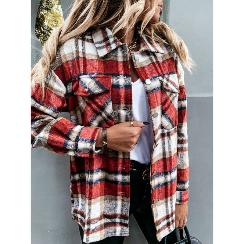 Dam oversized Check Shirt jacka med Snap knappar och Patch bröstfickor