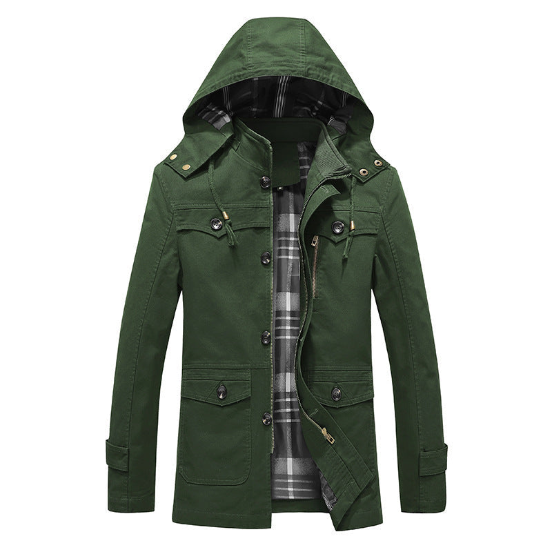 Herr Canvas Fält Parka med Rutig Foder, Huva, och Multifunctional Fickor