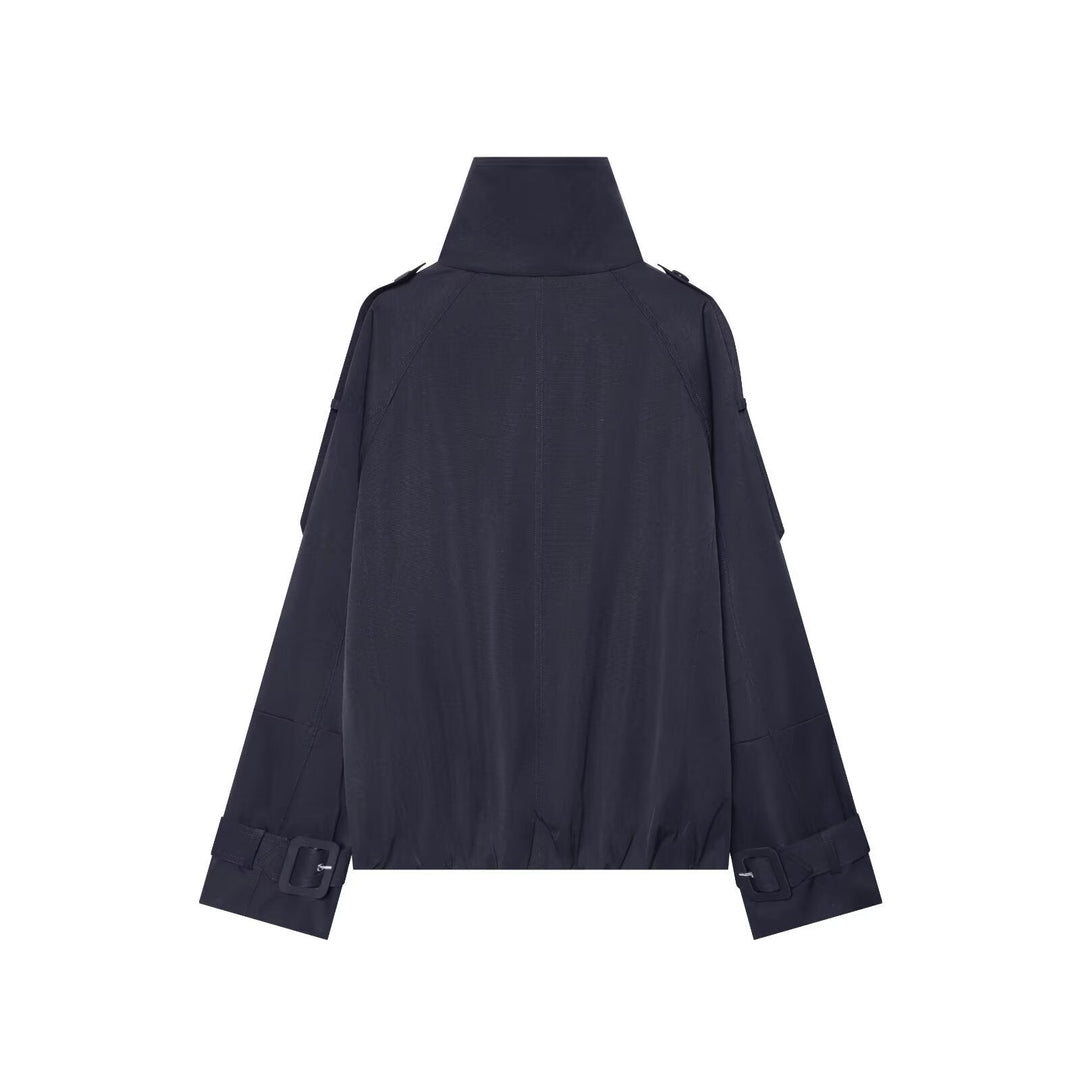 Dam Kort Double-Breasted Cape Trench med Hög Funnel Neck och Ärm Straps