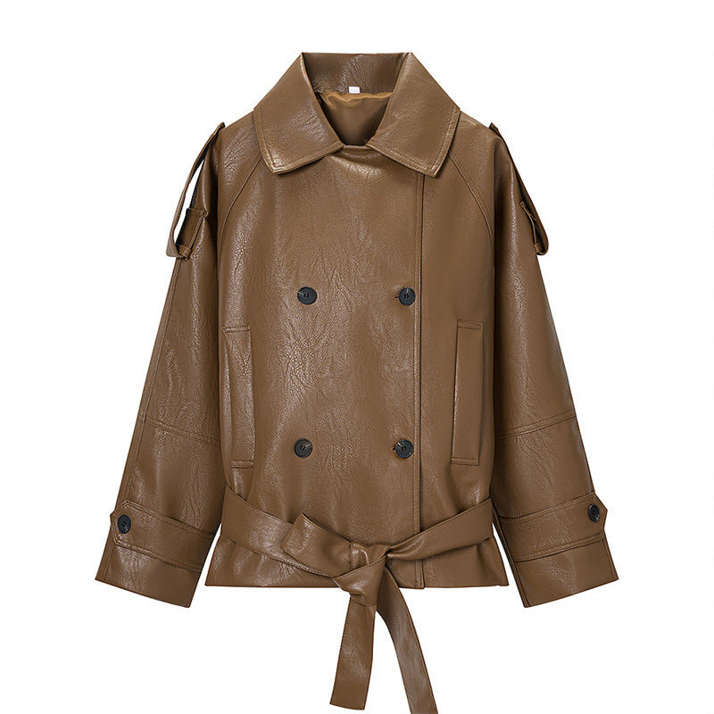 Dam kort konstläder trenchcoat med midjebälte, Double Breasted och Epaulettes