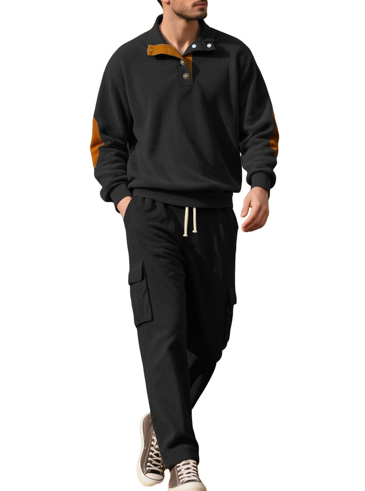 Herr Strukturerad Turtleneck Pullover med Ståkrage, Press Stud Slå, och Velour Elbow Lappar