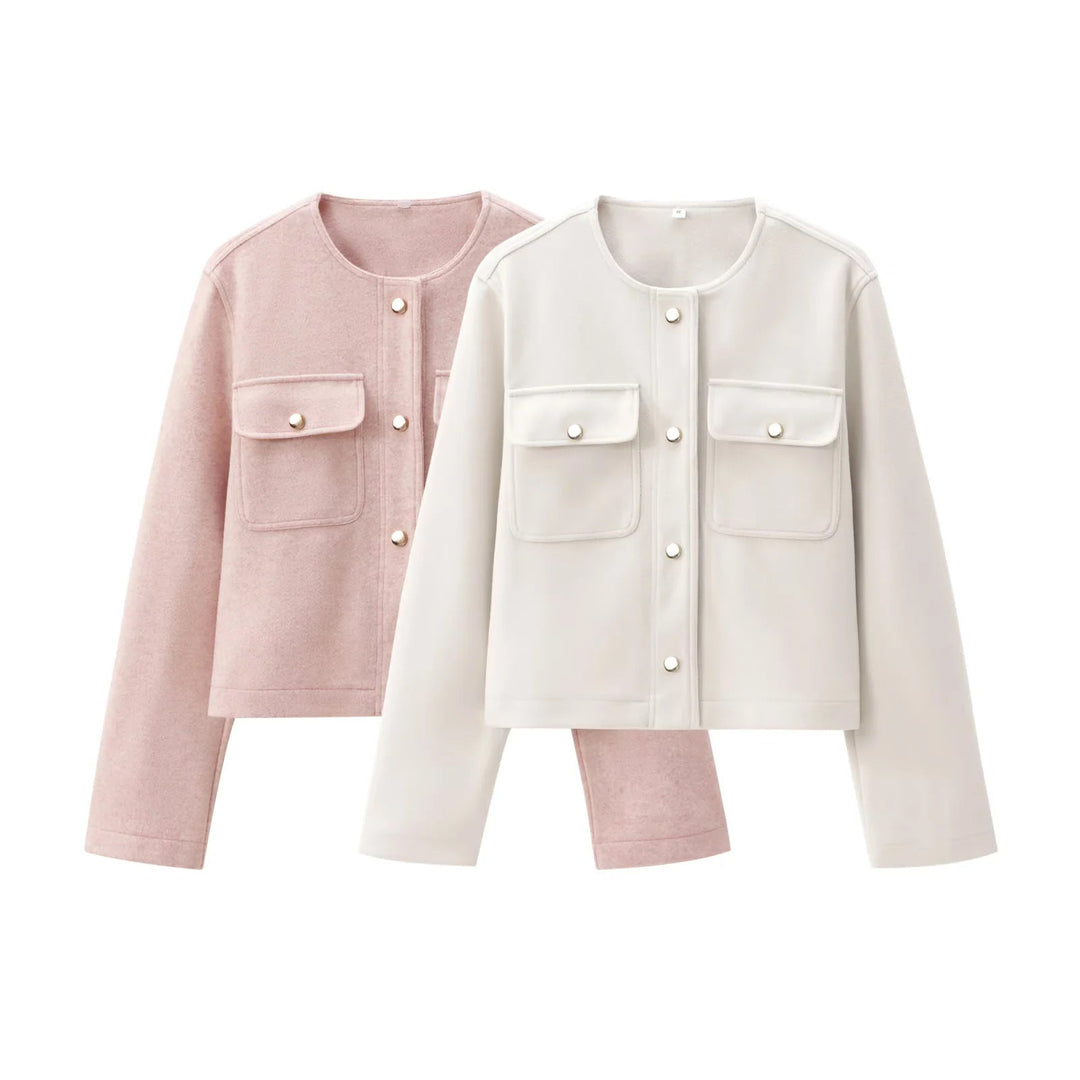 Dam kort skärning overshirt jacka med rund hals, snap knäppning och påsydda fickor