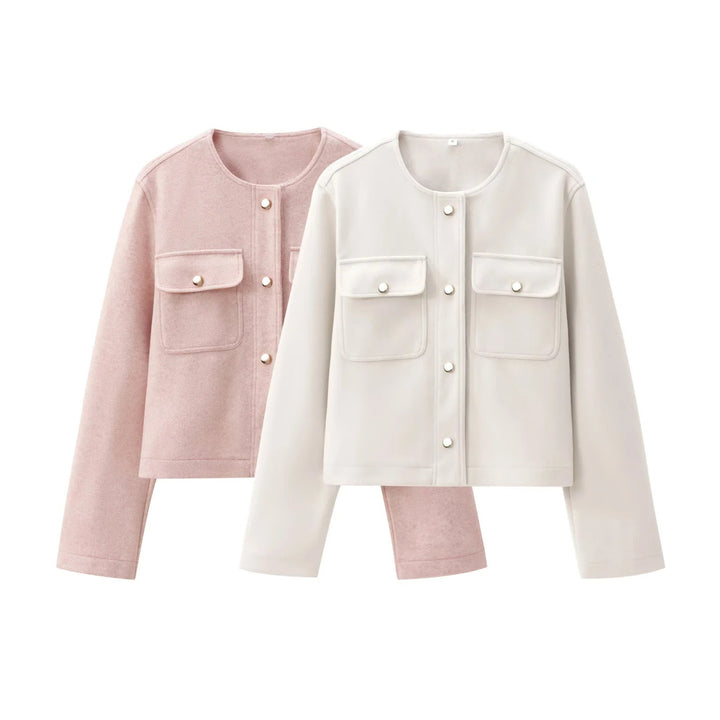Dam kort skärning overshirt jacka med rund hals, snap knäppning och påsydda fickor