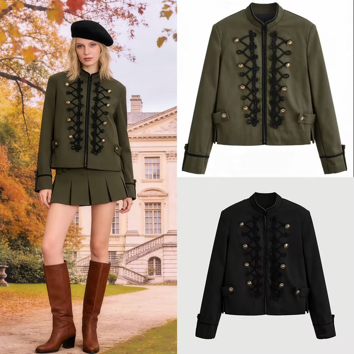 Dam Kort Militär-Stil Jacka med Decorative Cords och Ståkrage