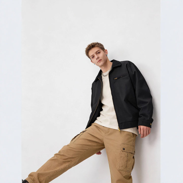 Herr dragkedja blouson i arbeteer stil med cord krage och breast ficka