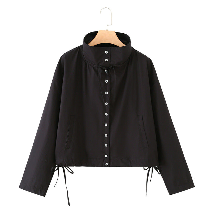 Dam Kort Skärning Blouson Jacka med Hög Stå Krage, Knapp Knäppning och Drawstring
