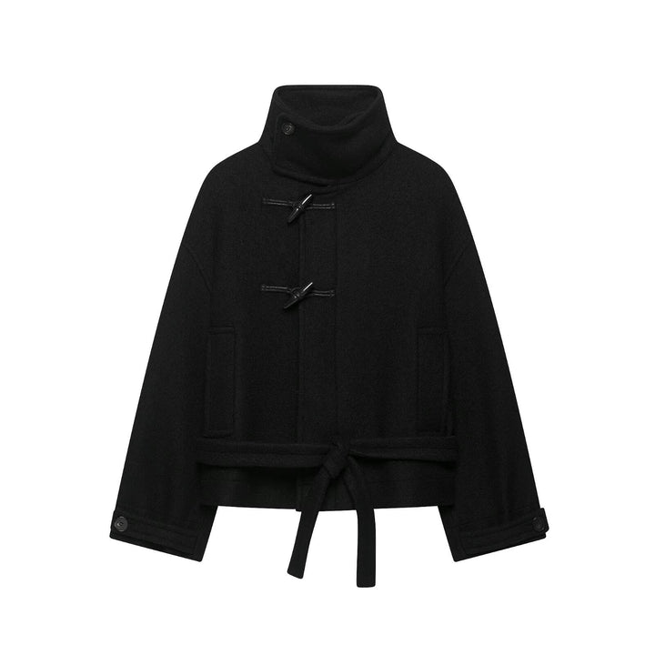 Dam Boxig Cape Jacka i Ull Look med Hög Krage Band och Toggle Fastenings
