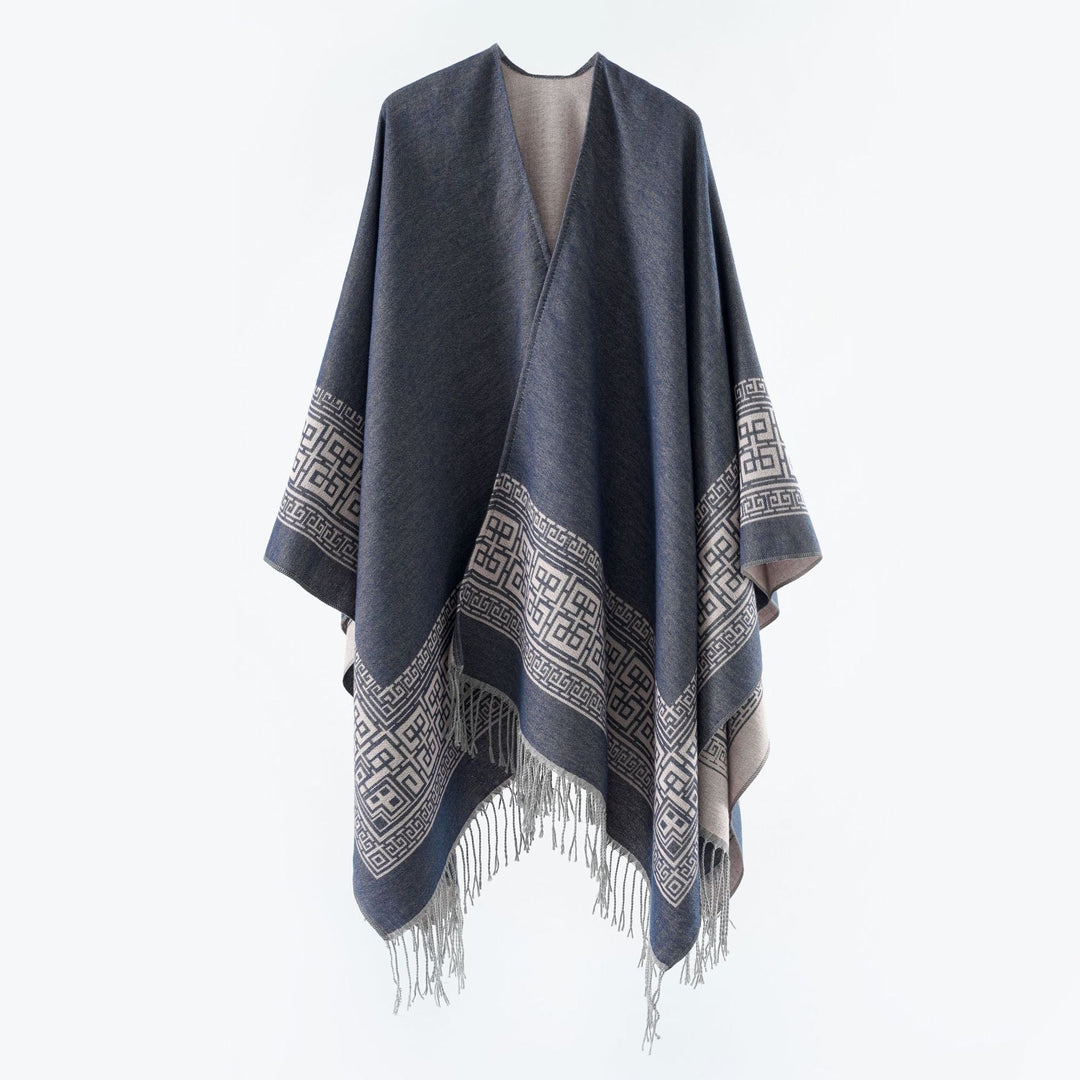 Dam Reversible ullblandning kimono stil Wrap med Ornamental Border och Decorative Fringes