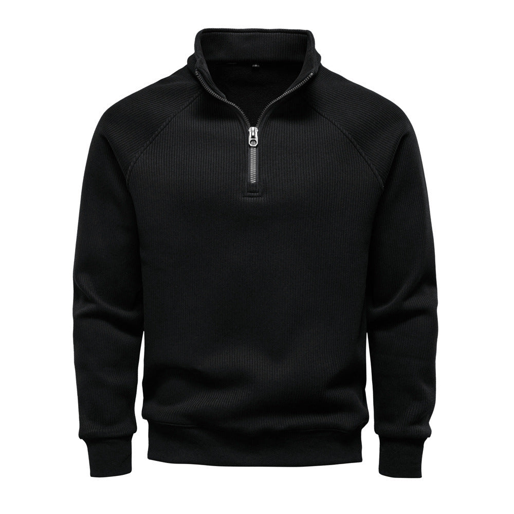 Herr Fin Ribbad Halv Dragkedja Pullover med Ståkrage, Raglanärmar, och Elastiska Muddar
