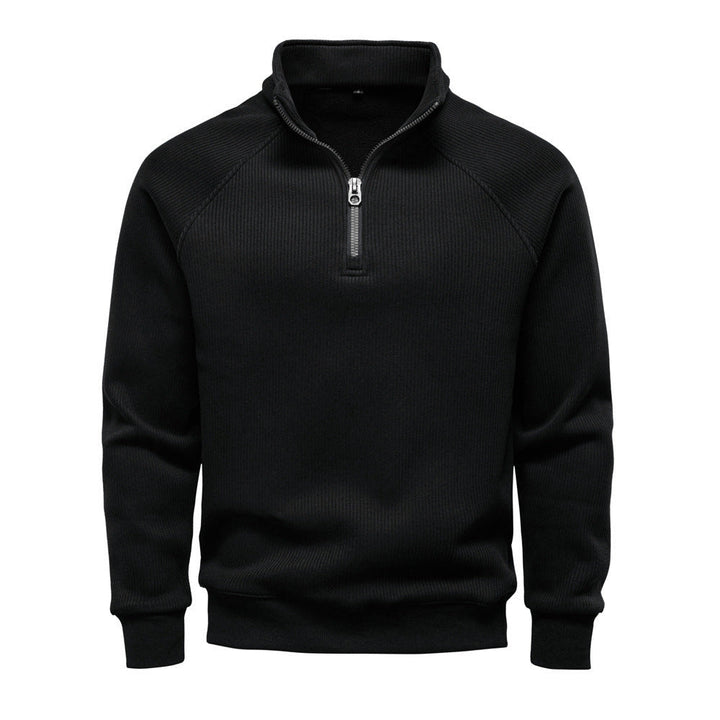 Herr Fin Ribbad Halv Dragkedja Pullover med Ståkrage, Raglanärmar, och Elastiska Muddar