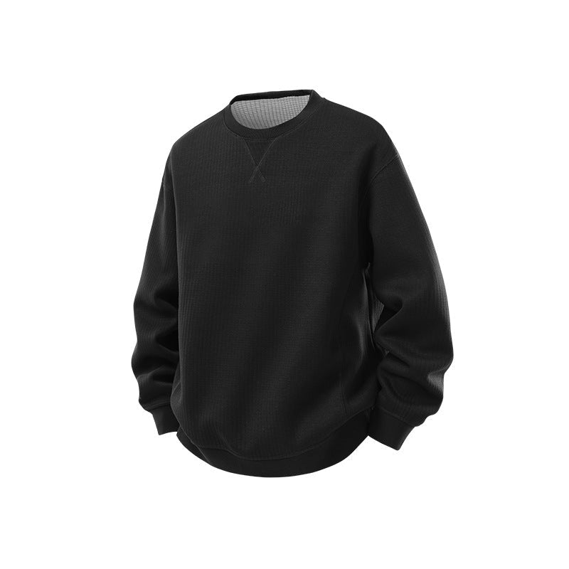 Herr Oversized Waffle Stickad College-Tröja med Round Neck, Extended Back Fåll och Ribbstickade Muddar