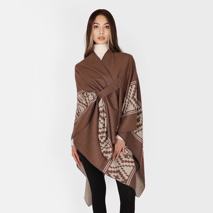 Dam Jacquard Ruana med TIE bälte och geometric mönster