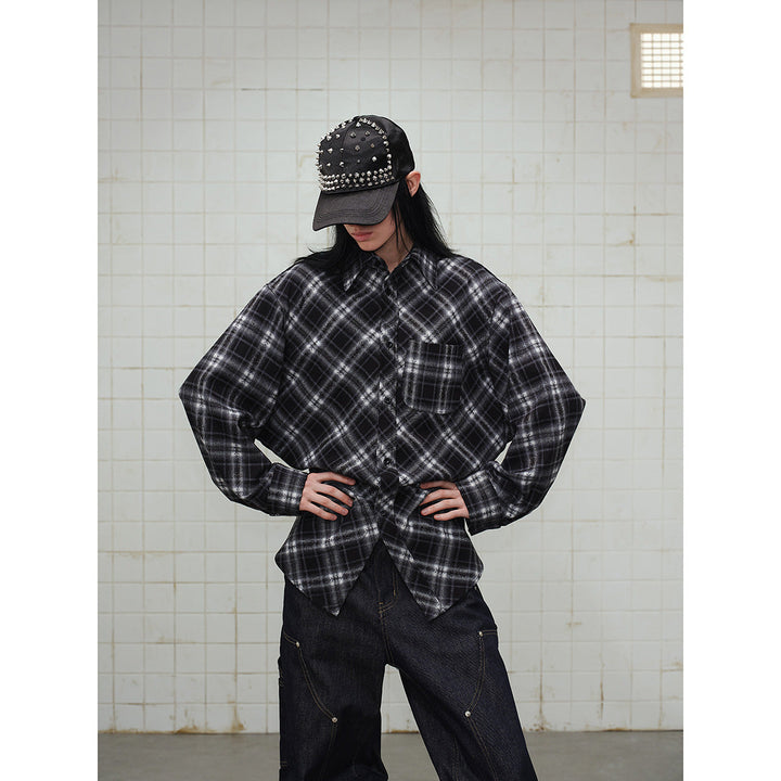 Unisex Rutig Oversized Flanell Skjorta Jacka i Layering Look med Rounded Fåll och Bröstficka