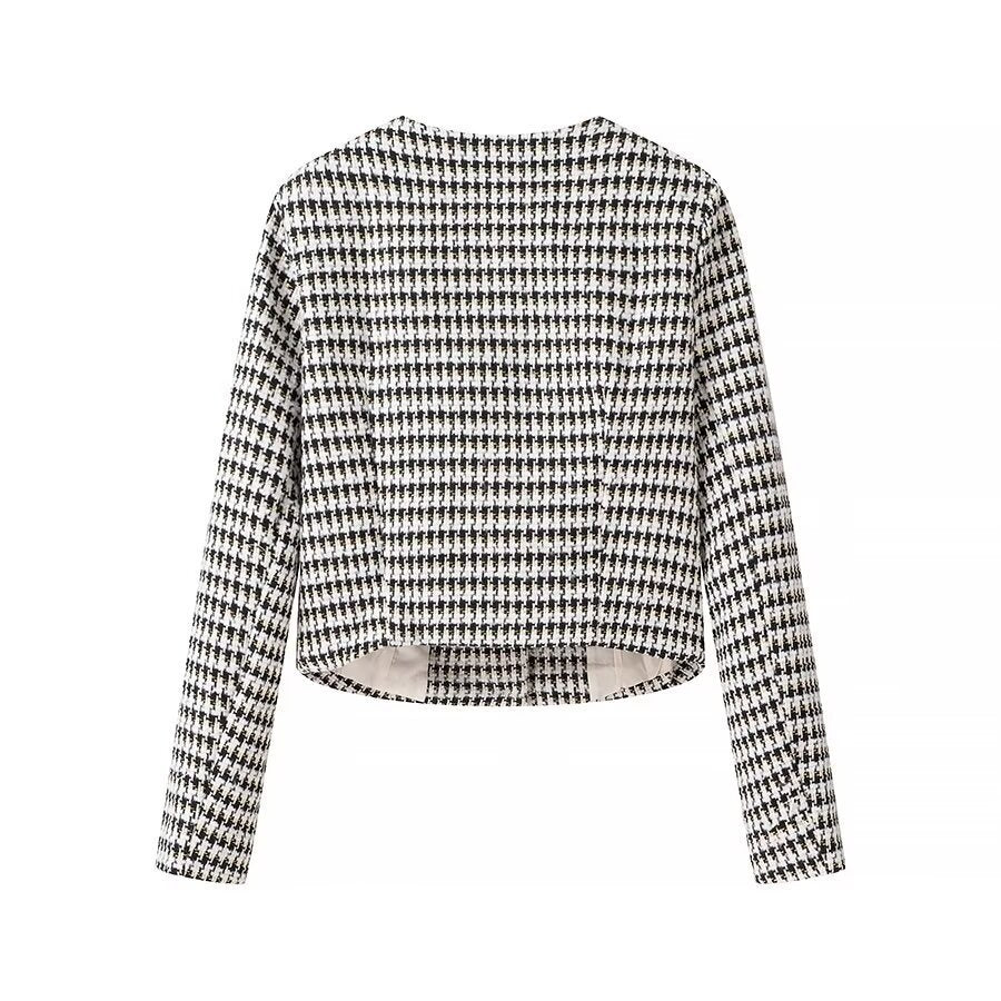 Dam skräddad Boucle kort blazer med Houndstooth mönster och dekorativ knappar