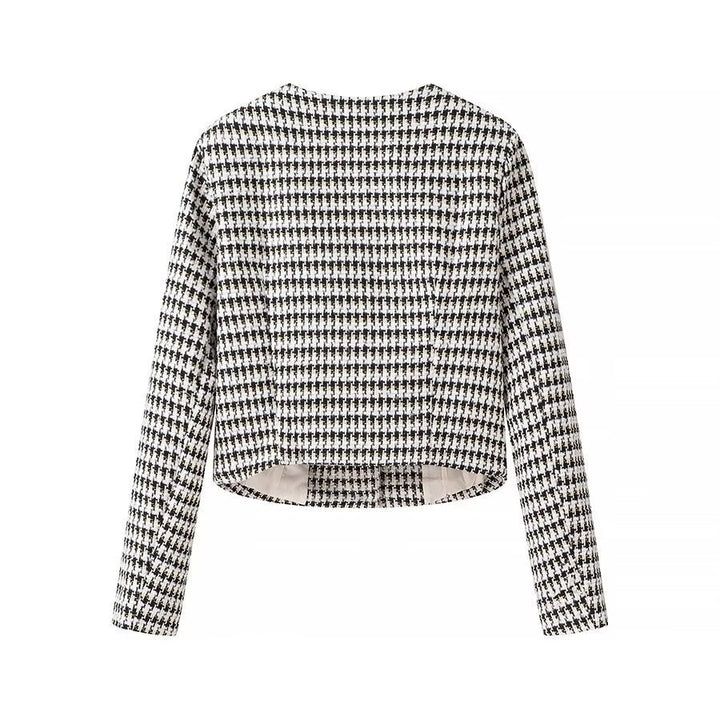 Dam skräddad Boucle kort blazer med Houndstooth mönster och dekorativ knappar