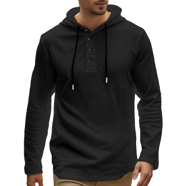 Herr Ledig Luvtröja i Henley Stil med Knapplist och Adjustable Dragsko