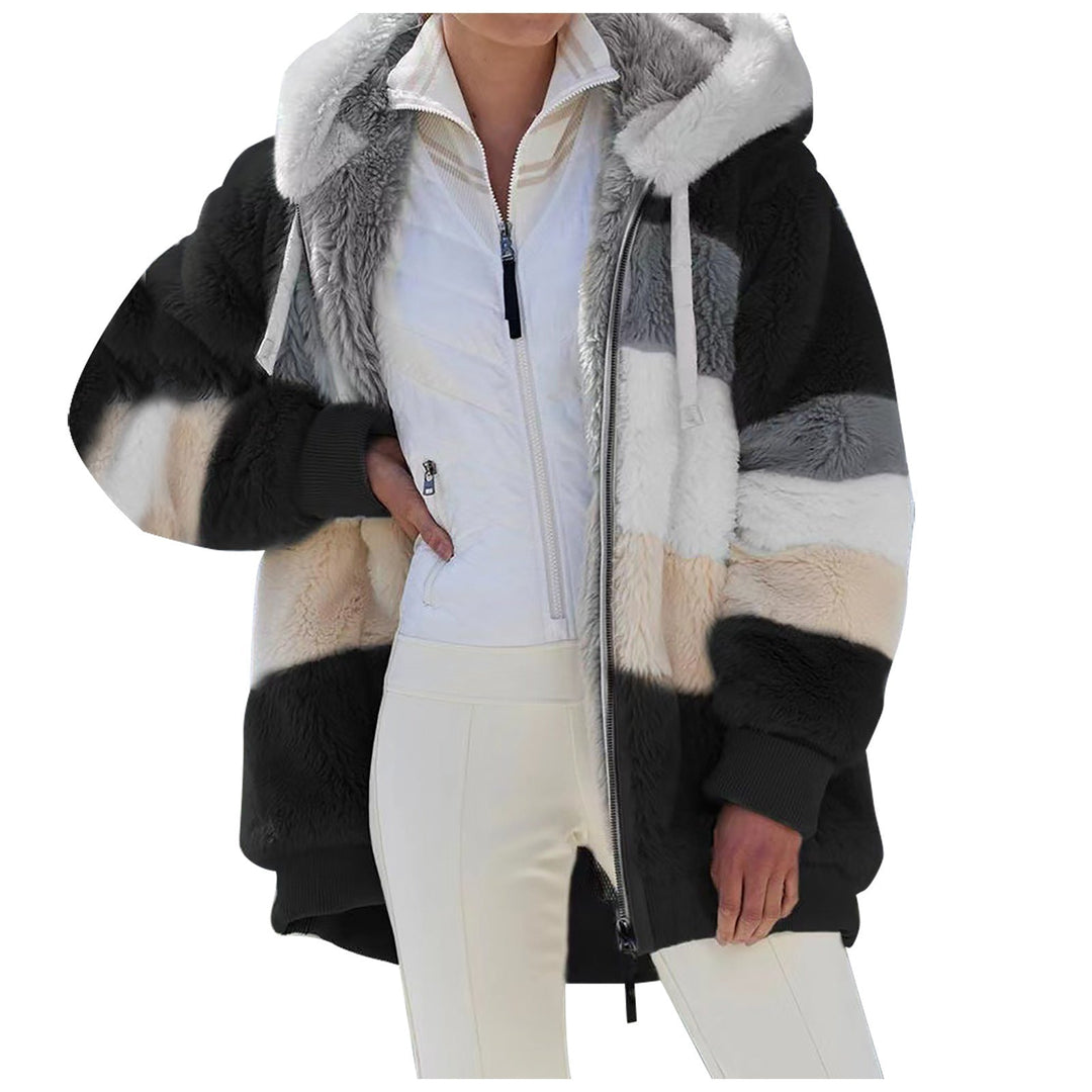 Dam oversized vadderad faux pälsjacka med huva, block stripes och ribbstickade muddar
