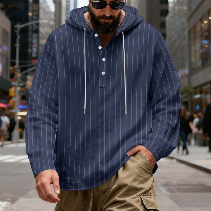 Herr Lätt Luvtröja Henley Skjorta med Fin Pinstripes