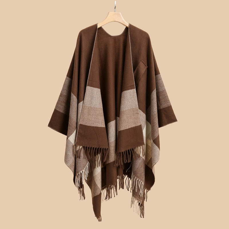 Dam lätt ullblandning kimono skärning Overlay med Herringbone kant och fransfåll
