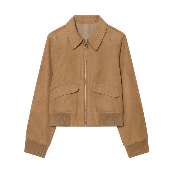 Dam Kort Suede Bomber med Dragkedja, Lock Fickor och Ribbed Nederkant