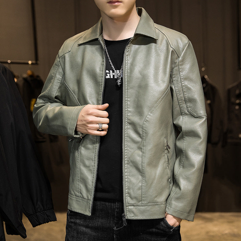 Herr Minimalistic Läder Effect Zip Blouson med Ergonomic Söm Lines och Skjorta Krage
