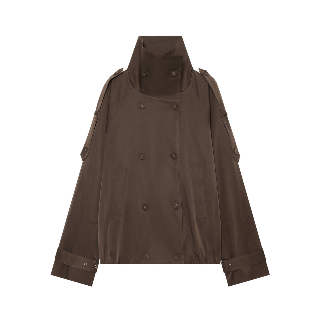 Dam double-breasted cape trenchcoat med high stand krage och adjustable ärm tabs