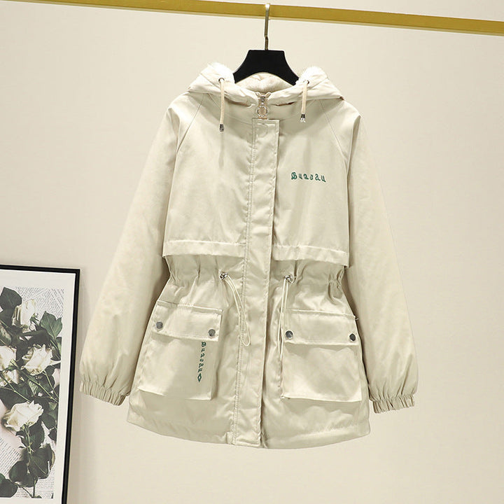 Dam vattenavvisande Hooded Parker med Teddy foder Tunnel Drawstring Waist och Multiple fickor