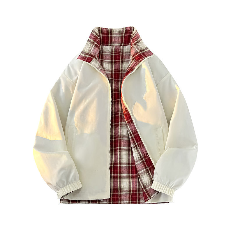 Unisex Reversible Utility jacka med checked foder, ståkrage och elastic muddar