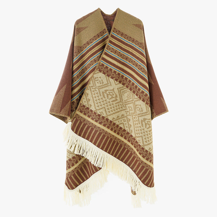 Dam Woven Jacquard poncho med V-Neck, Ethno tryck och Fringes