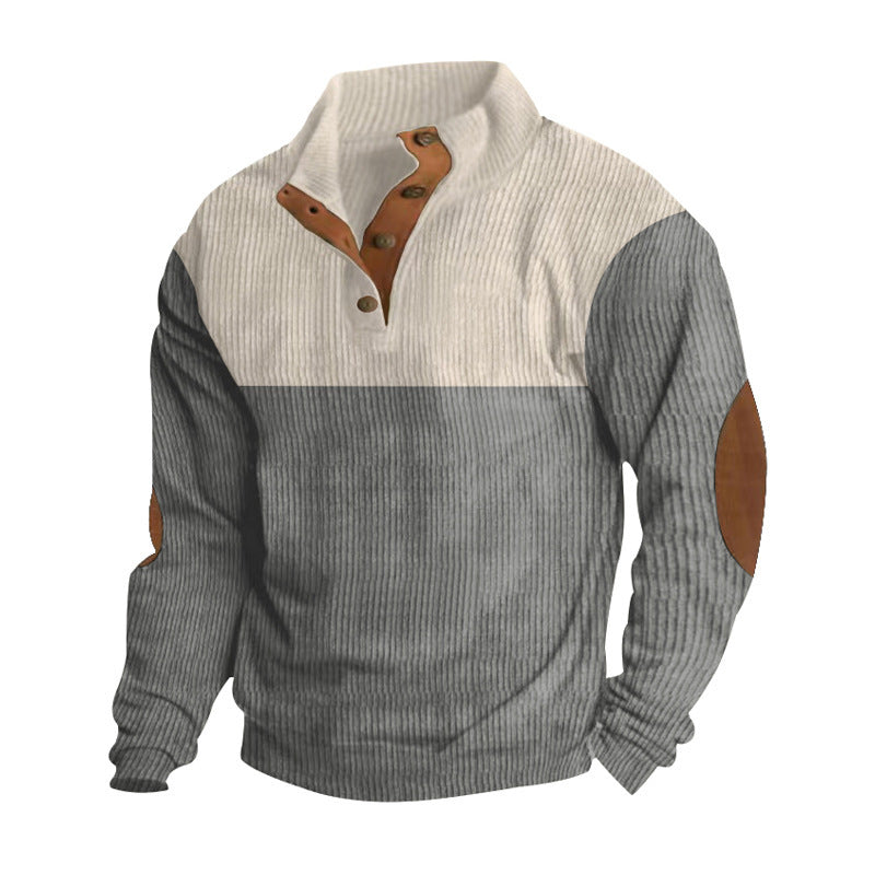 Herr Ribbad Halvkrage Henley Tröja med Knapplist och Läder Elbow Lappar