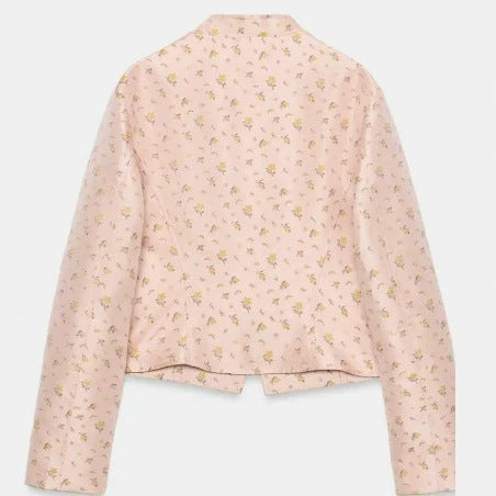 Dam Kort Military Blouson med Mandarin Krage, Dekorativ Cords och Blommig Vävd Texture