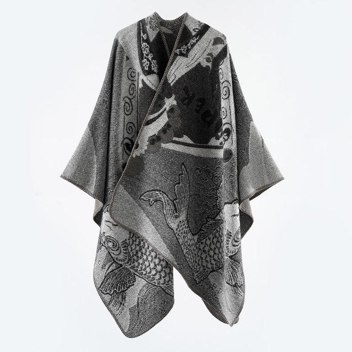Dam Jacquard poncho med Fish Motif och Open Oversize skärning