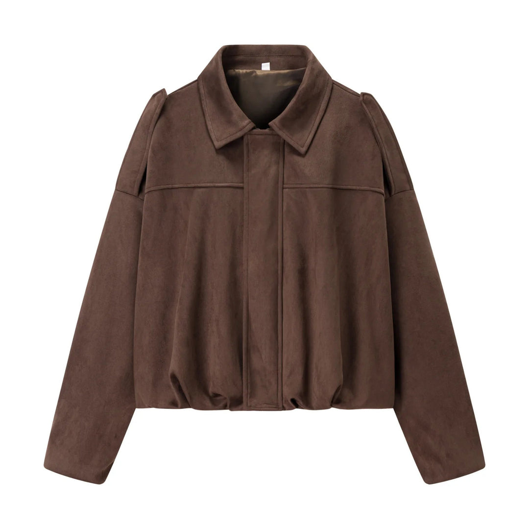 Dam cropped boxy blouse jacka med skjortkrage, concealed front placket, och elastisk fåll
