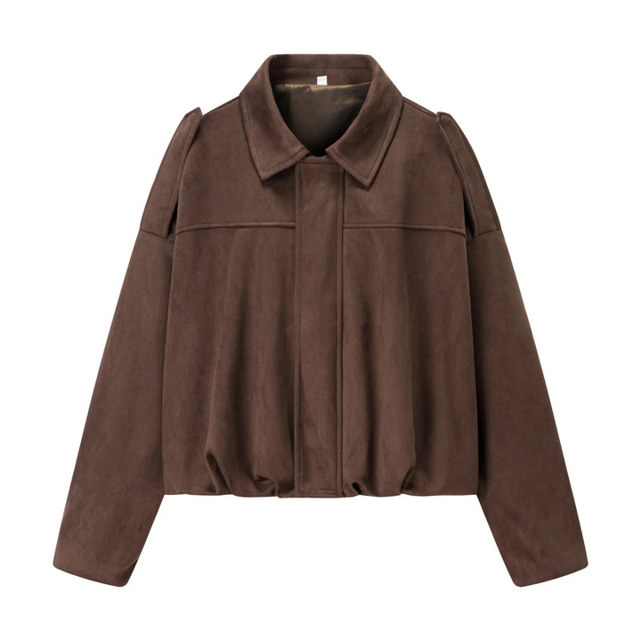 Dam cropped boxy blouse jacka med skjortkrage, concealed front placket, och elastisk fåll