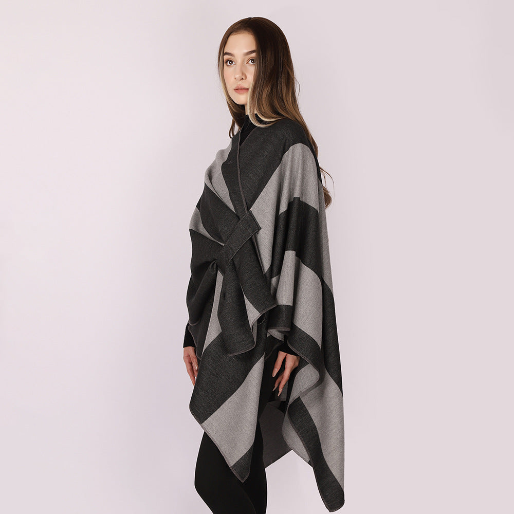 Dam Wrap Cape med bred Stripe mönster och Ties