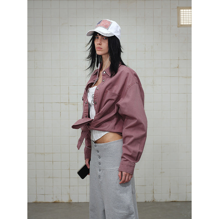 Dam Overshirt Jacka Gjord av Washed Bomull Twill med Tryckknappsslå och Two Bröst Fickor