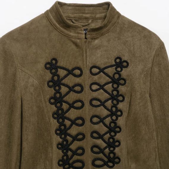 Dam Kort Skärning Suede Jacka i Military Look med Stå Krage och Dekorativ Cord Frog Appliqué