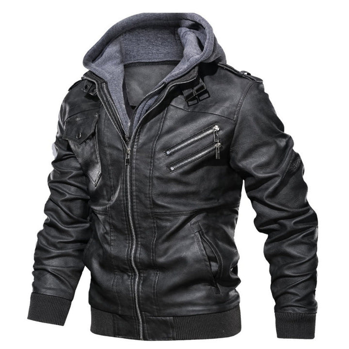 Herr Urban med Huva Läder Jacka i Biker Stil med Dragkedja Detaljer och Ribbad Muddar