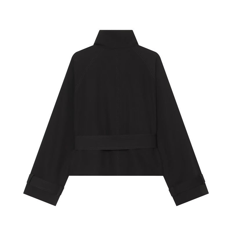 Dam kort Double-Breasted trenchcoat med Waistbelt, Epaulettes och Gold-Colored detaljer