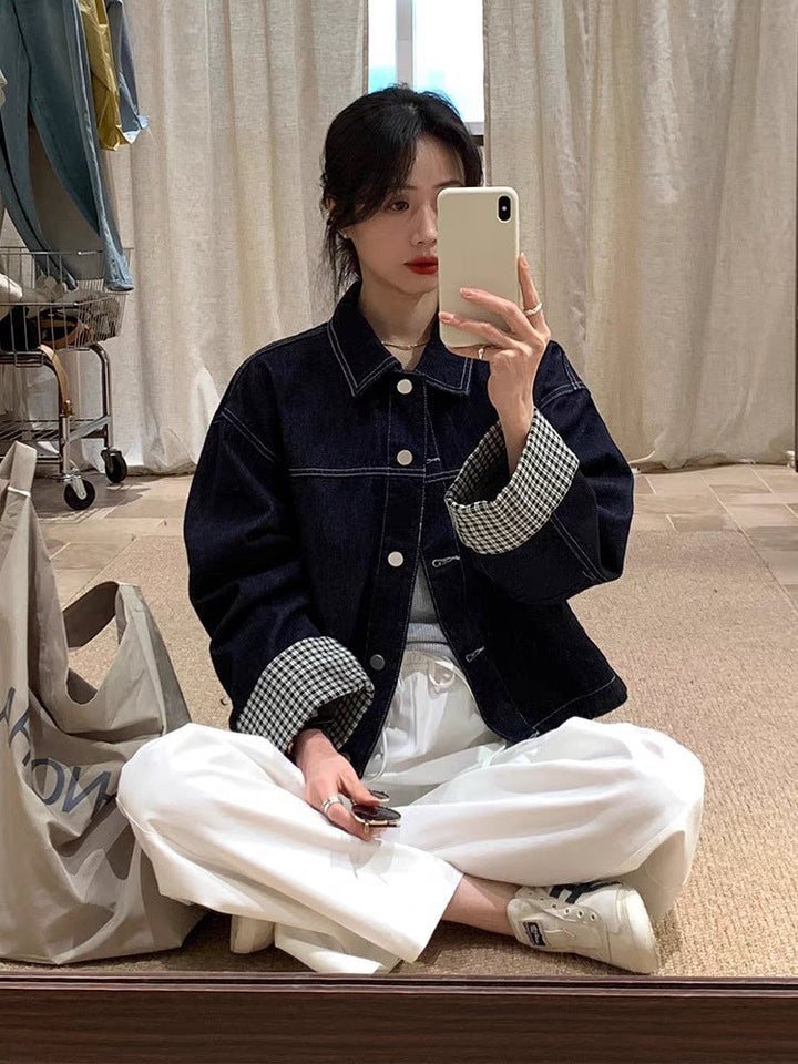 Dam oversize denimjacka med kontrasterande rutig foder och mudd Roll