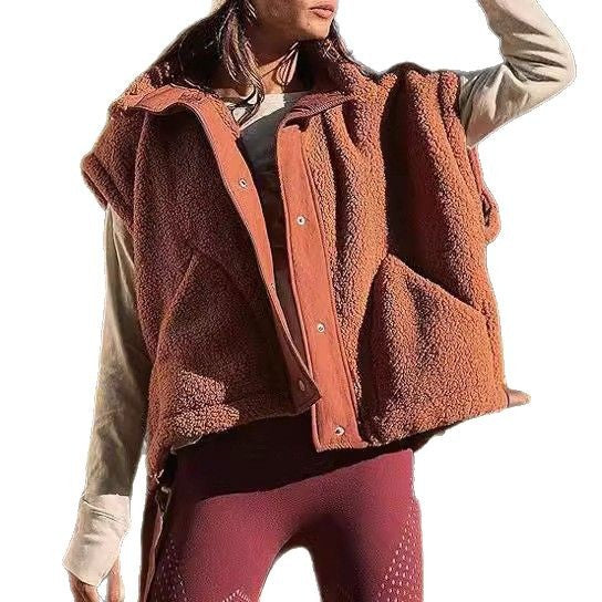 Dam oversize teddy fleece väst med huva och tryckknappar