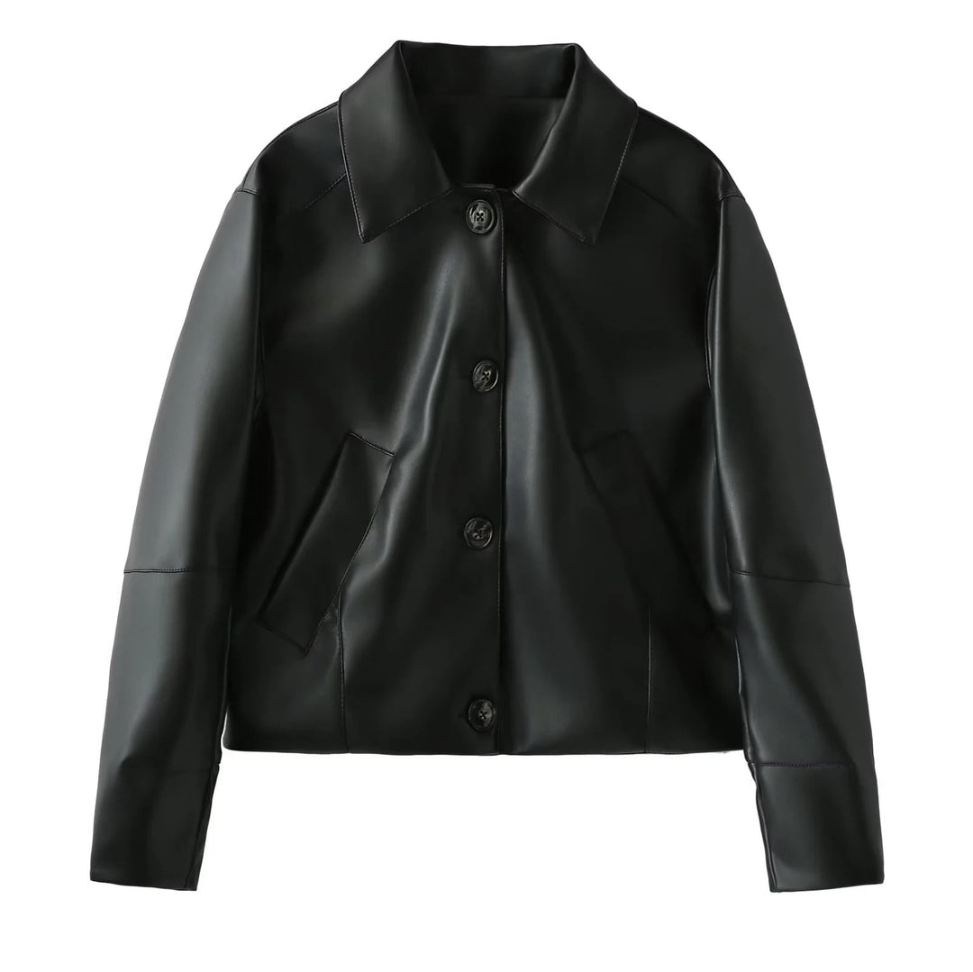 Dam figurnära konstläderjacka i blouson stil med skjortkrage
