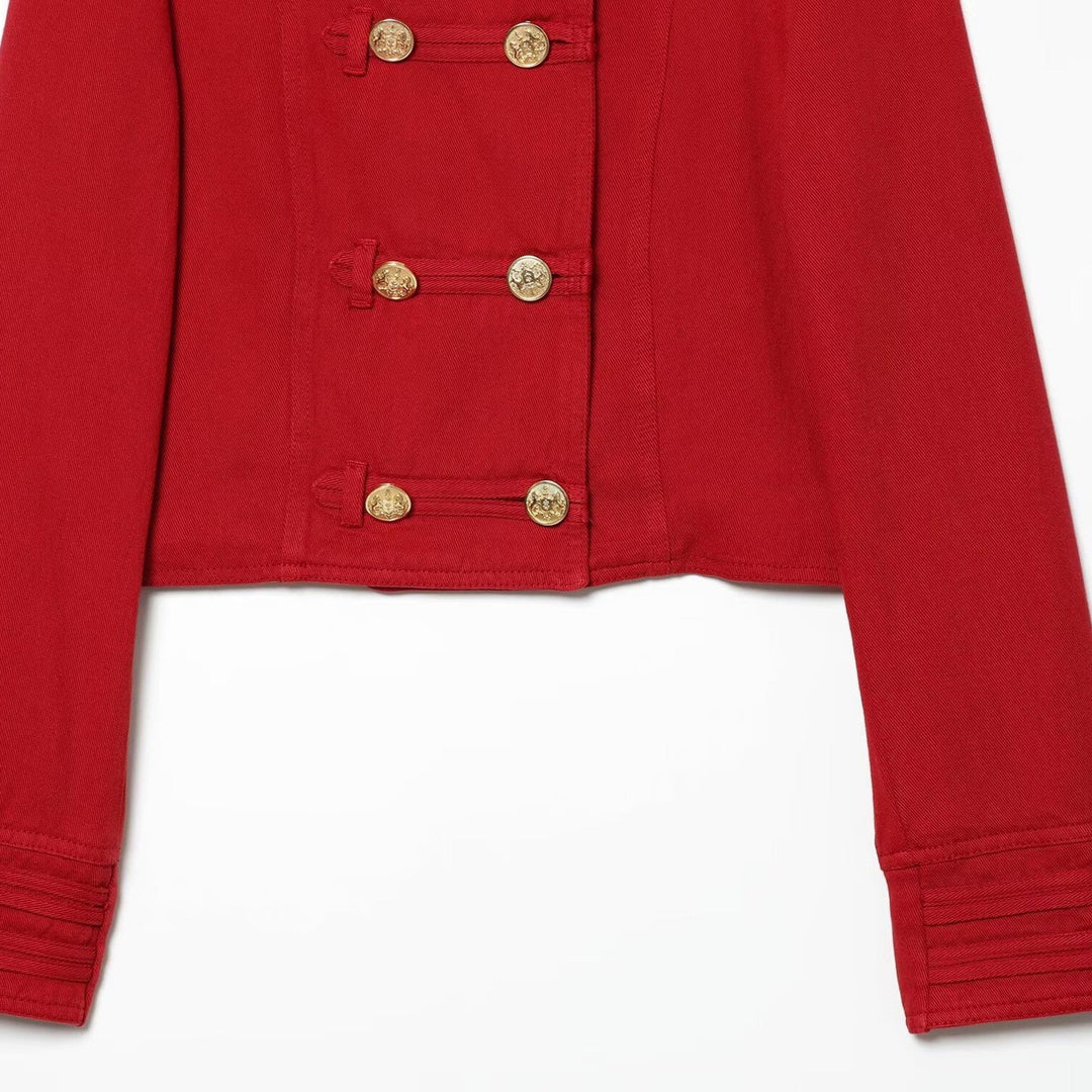Dam Kort Military Blazer Jacka med Stå Krage och Golden Dekorativ Knappar