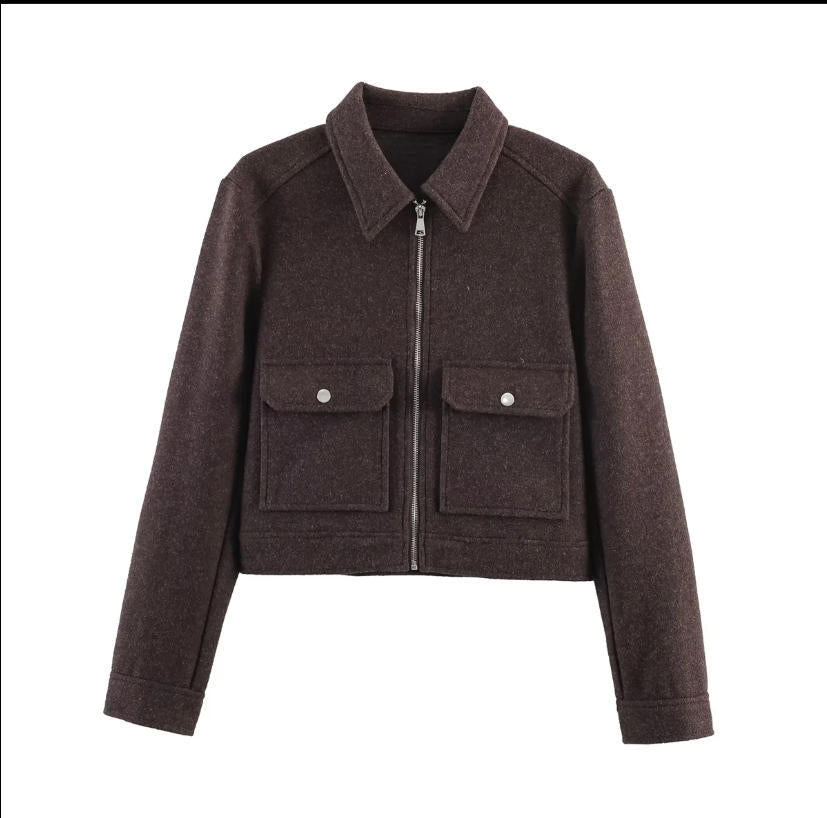 Dam 70+ Kort Ull Blend Blouson Jacka med Dragkedja, Skjort Krage och Lock Fickor