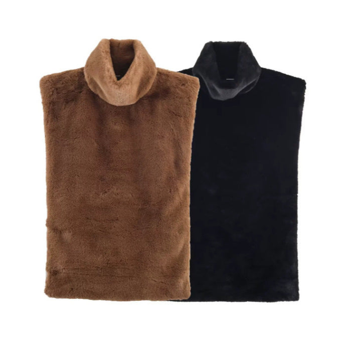 Dam 100+ Sleeveless Faux Fur Väst med Hög Turtleneck och Straight Skärning