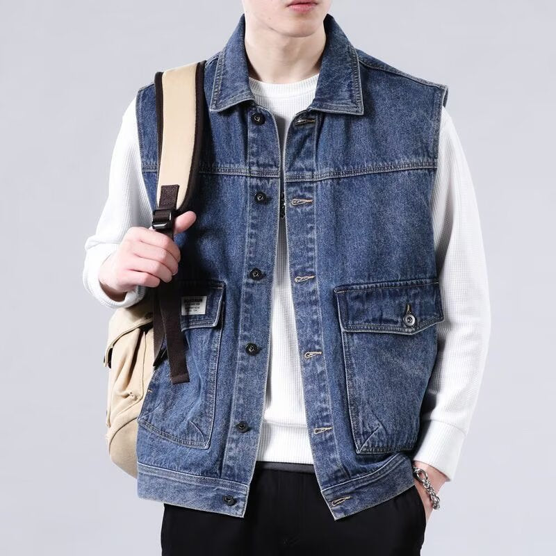 Herr Sleeveless Jeans Work Väst med Lock Fickor och Boxy Passform