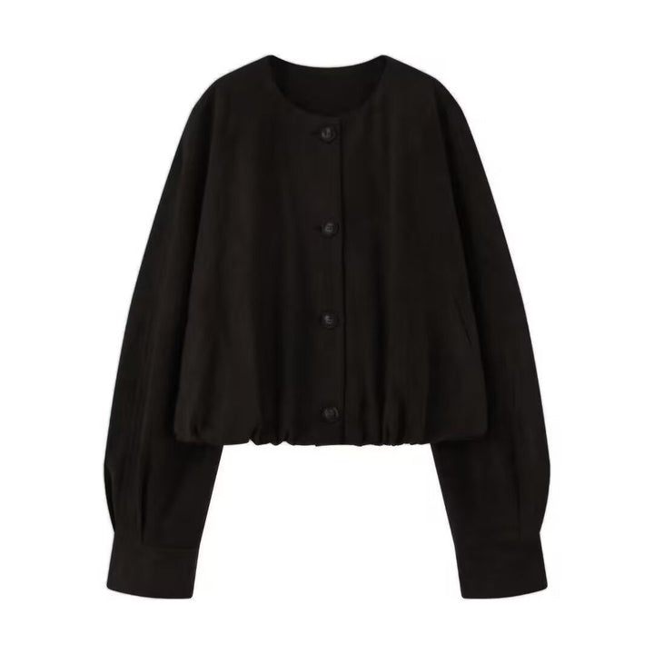 Dam Kort Blouson Jacka i Kort Look med Round Neckline och Balloon Ärmar