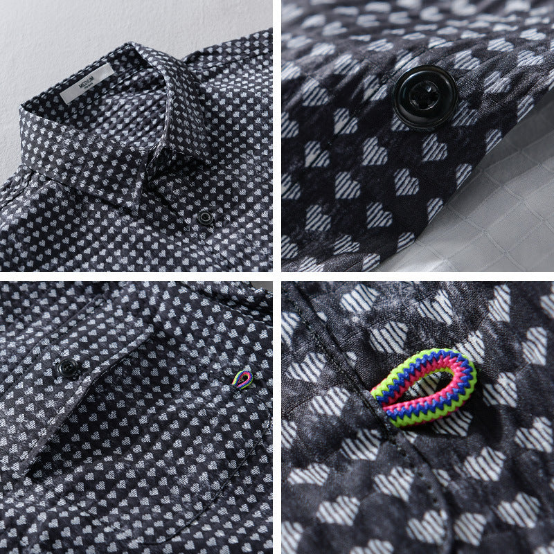 Herr Skjortjacka-Overshirt Tillverkad av Bomullsblandning med Mini Heart Heltäckande Tryck och Bröstfickor